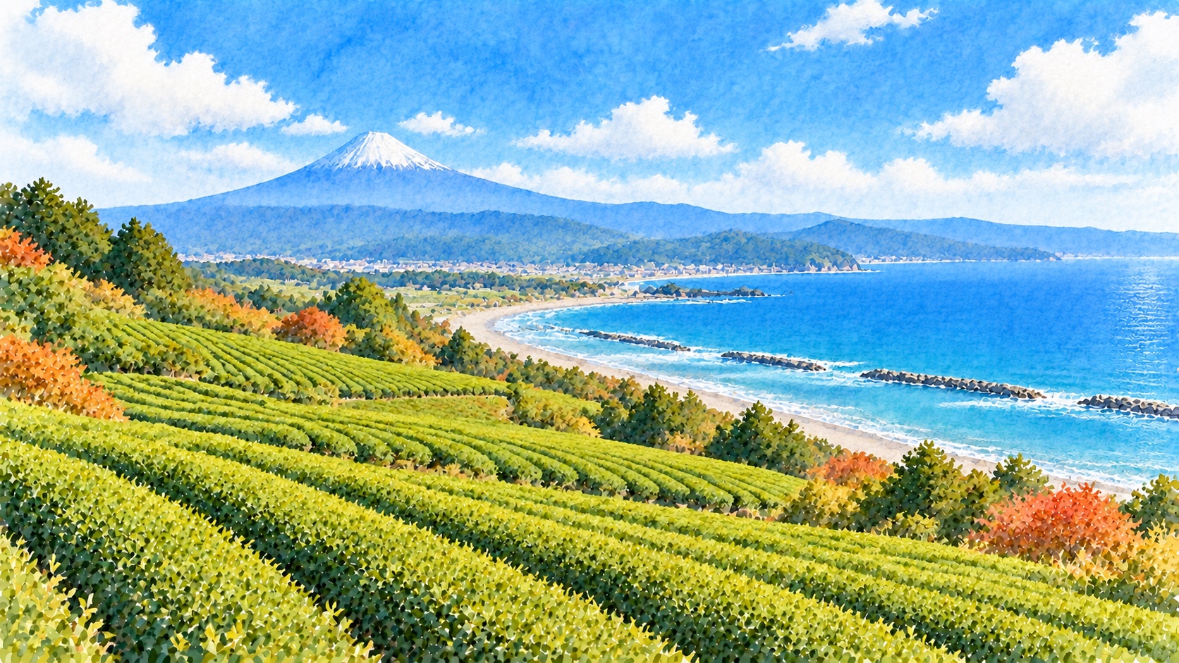 牧之原市の茶畑と駿河湾、遠くに富士山の水彩画