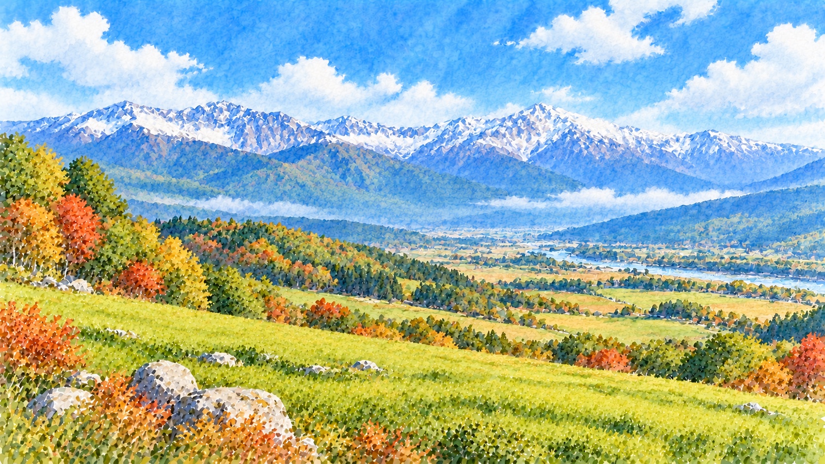 北アルプスの山並みと信州の高原の水彩画