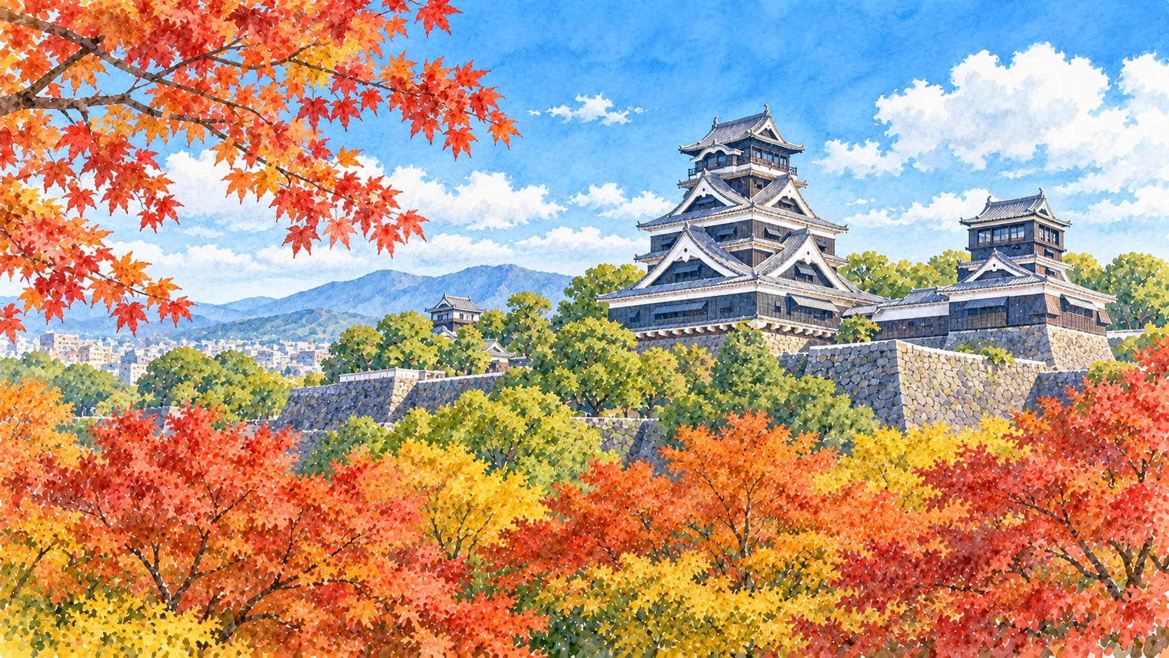 熊本城の天守と紅葉（熊本ふっこう応援割2026のイメージ・水彩画風）