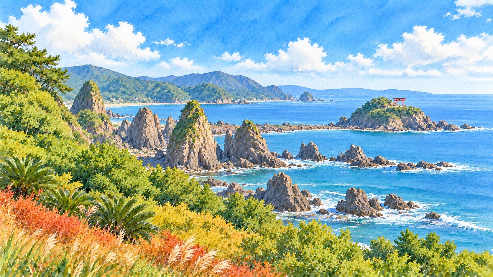 宮崎県の海岸の奇岩と朱の鳥居の水彩画（九州ふっこう応援割・みやざき割のイメージ）