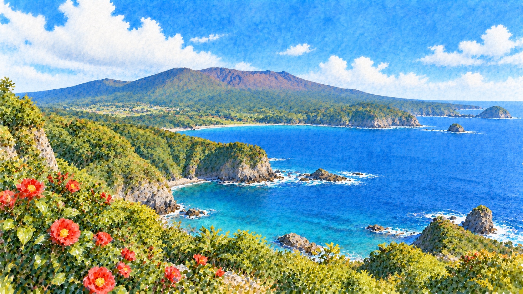 伊豆大島の三原山と椿咲く海岸線、青い太平洋を望む水彩画