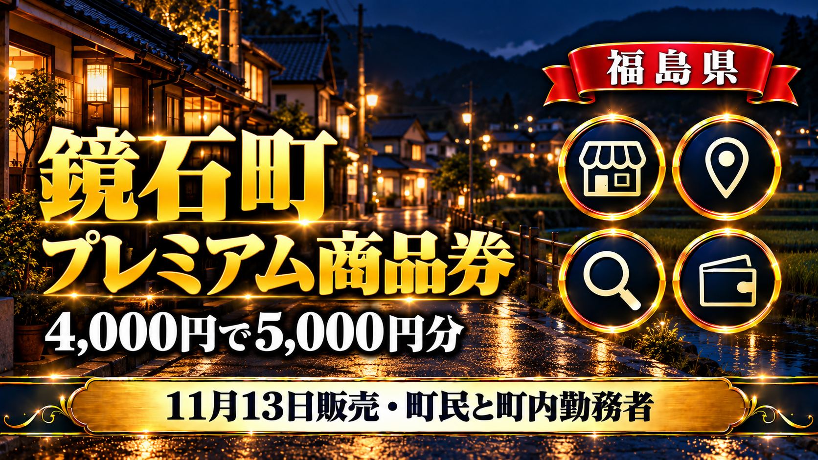 【福島県】鏡石町プレミアム商品券2026｜11月13日販売・4,000円で5,000円分・町民と町内勤務者