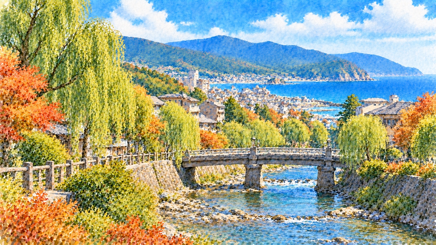 秋の伊東温泉の松川沿いの柳と石橋、遠くに伊東の海と山並みを描いた水彩画