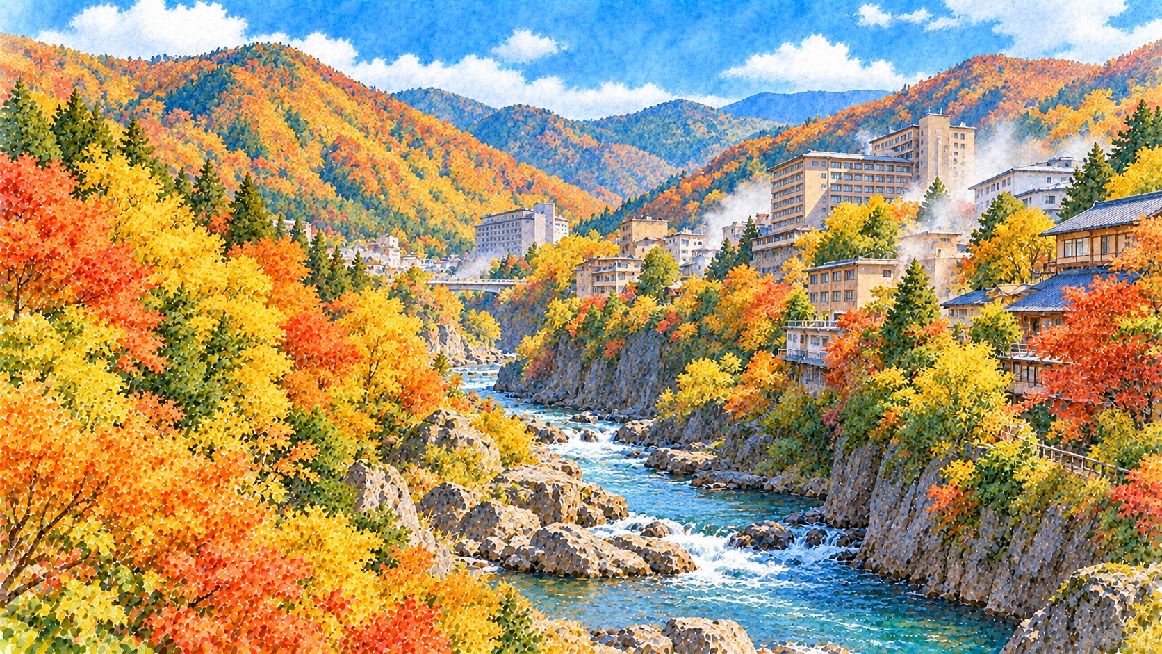 紅葉に囲まれた定山渓の豊平川の渓谷と湯けむりの上がる温泉街を描いた水彩画