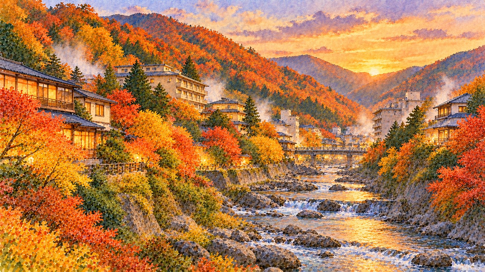 磐梯熱海温泉の紅葉と温泉街を描いた水彩画（こおりやま開拓クーポン2026）