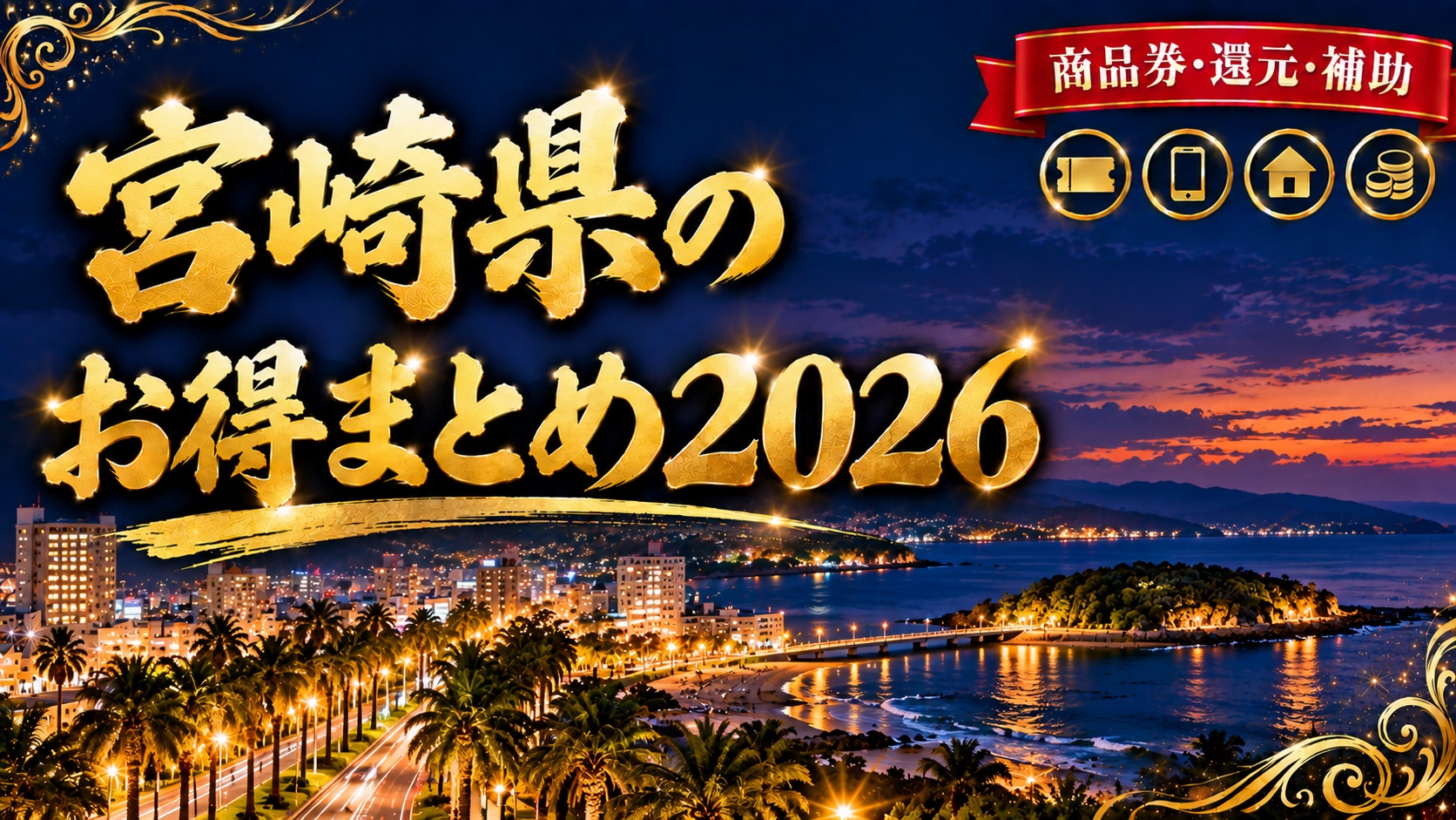 宮崎県のお得まとめ2026（宮崎海岸のヤシ並木と青島方面の夜景）