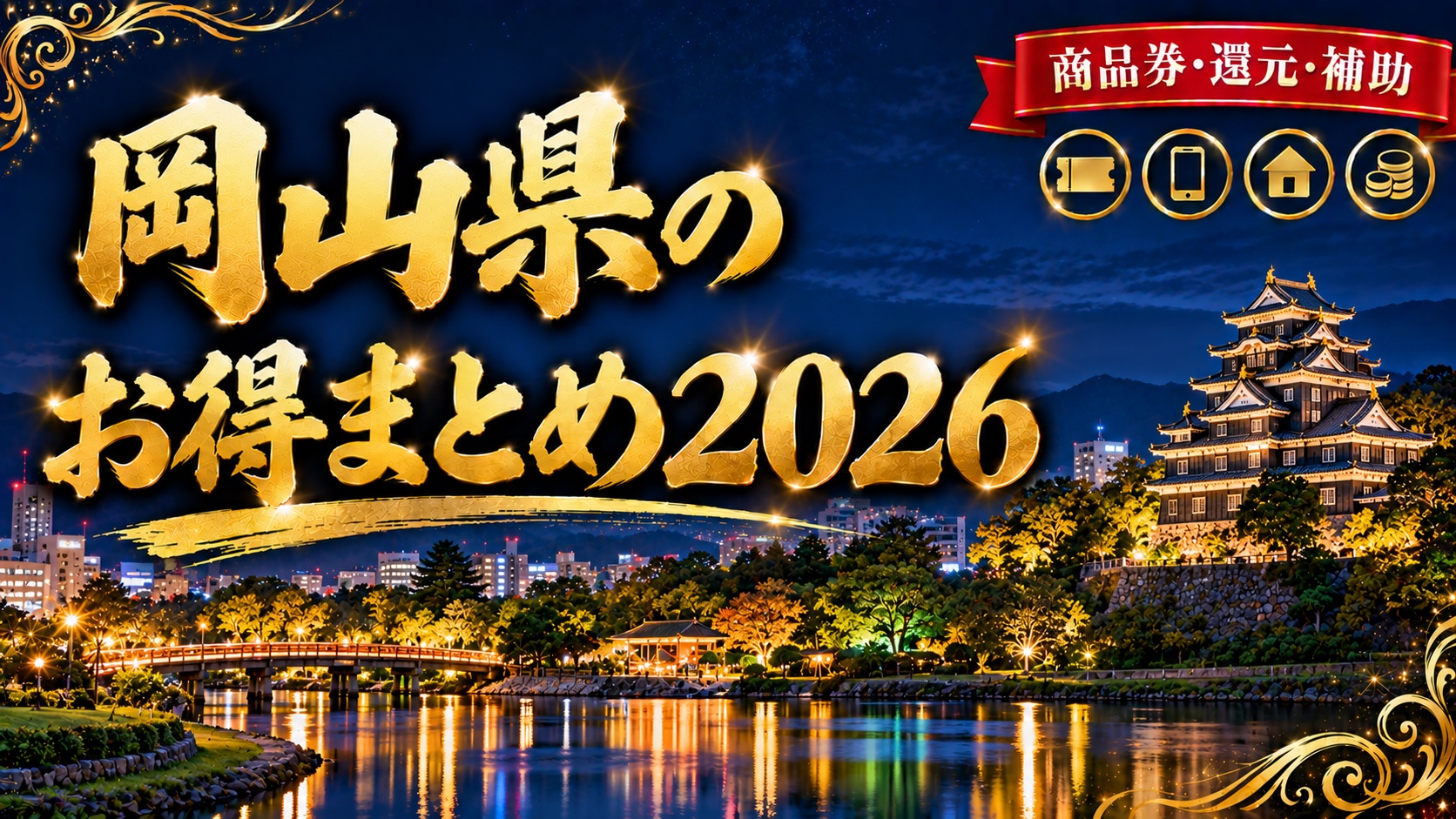 岡山県のお得まとめ2026（岡山城と後楽園の夜景）