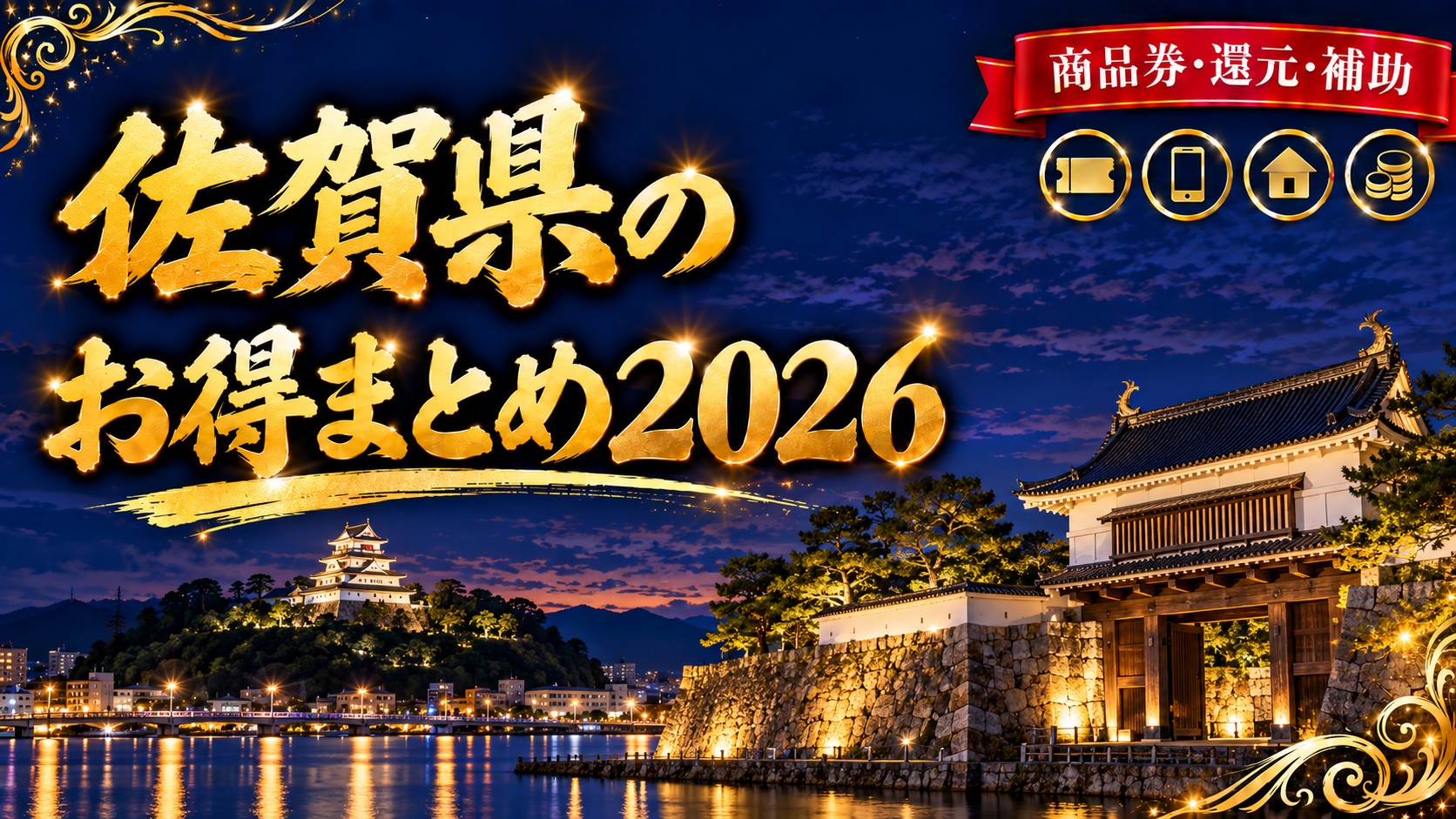 佐賀県のお得まとめ2026（唐津城と佐賀城跡鯱の門の夜景）