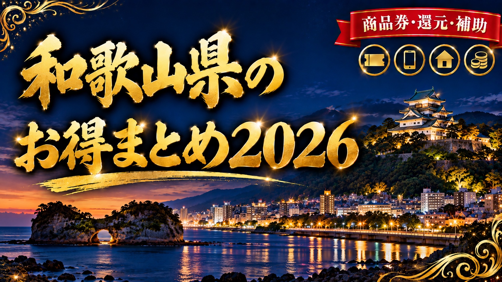 和歌山県のお得まとめ2026（和歌山城と白浜の円月島の夜景）